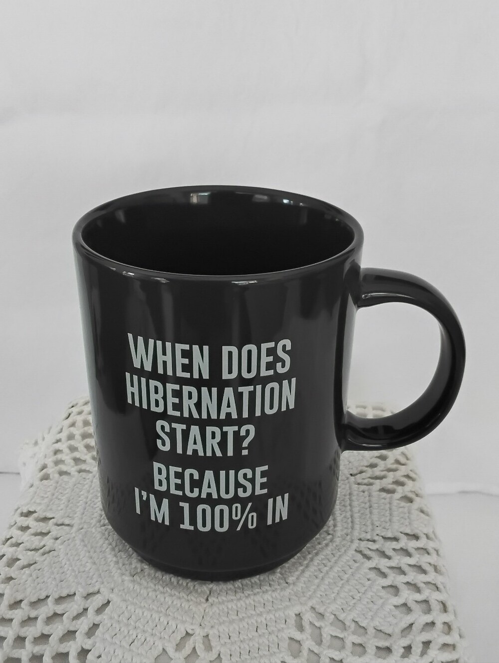 Room Essentials Black Ceramic Mug with White Hibernation Quote